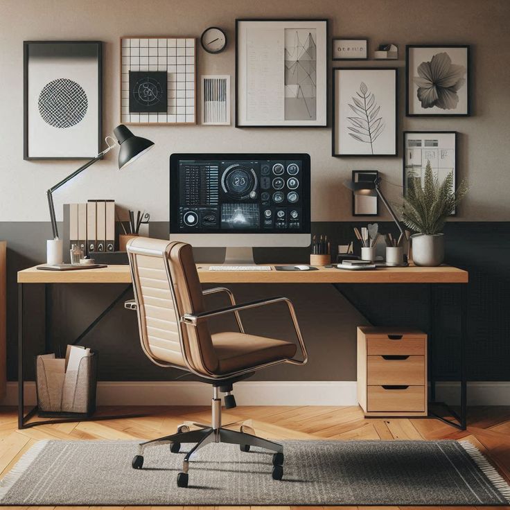 A neatly arranged ergonomic workstation with a monitor at eye level
